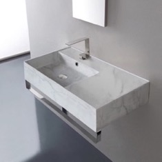Marble Design Ceramic Wall Mounted Sink With Counter Space, Towel Bar Included